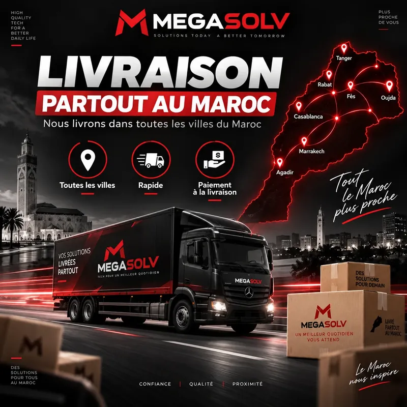 Visuel MEGASOLV consacré à la livraison et au paiement au Maroc.